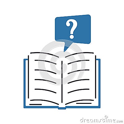 Open book question mark. Color icon in flat style. Design of the symbol of faq, help, learning. Vector Illustration