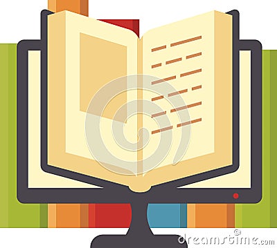 Open book resting on a computer monitor, surrounded by colorful books in the background, illustrating the concepts of online Vector Illustration