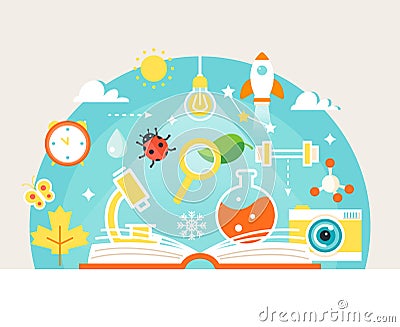 Open Book with Science and Nature Study Symbols. Education Concept Vector Illustration