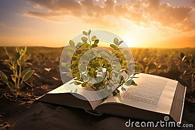 Open book with seedling growing from it. Sunset or sunrise background. Bible or knowledge concept Stock Photo