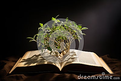 Open book with seedling growing from it. Sunset or sunrise background. Bible or knowledge concept Stock Photo