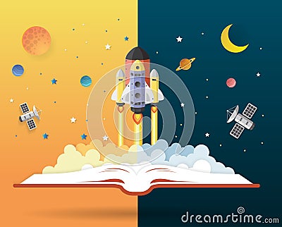 Open book with solar system, space shuttle, planets, stars, Earth, comet.paper art Vector Illustration