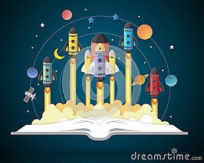 Open book with solar system, space shuttle, planets, stars Vector Illustration