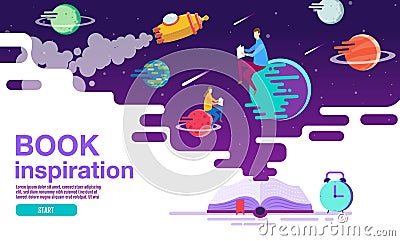 Open book, space background, school, reading and learning , Imagination and inspiration picture. Fantasy and creative ,Vector flat Vector Illustration