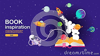 Open book, space background, school, reading and learning , Imagination and inspiration picture. Fantasy and creative ,Vector flat Vector Illustration