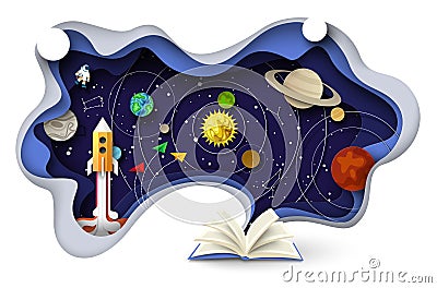 Open book with sky, planets, zodiac constellations, cosmonaut, rocket, vector paper cut illustration. Astronomy science. Vector Illustration