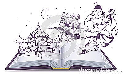 Open book story tale Magic lamp Aladdin. Arab tales Alladin, genie and Princess Vector Illustration