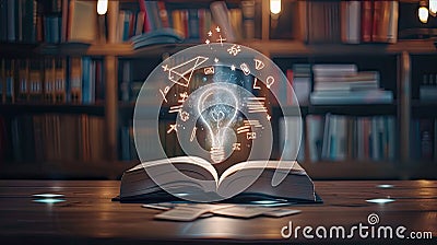 an open book surrounded by motivational symbols, the transformative journey of acquiring knowledge and the inspiration Stock Photo