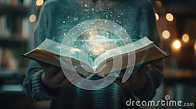 an open book surrounded by motivational symbols, the transformative journey of acquiring knowledge and the inspiration Stock Photo