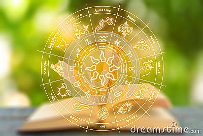 Open book on table and illustration of zodiac wheel with astrological signs against blurred background Cartoon Illustration