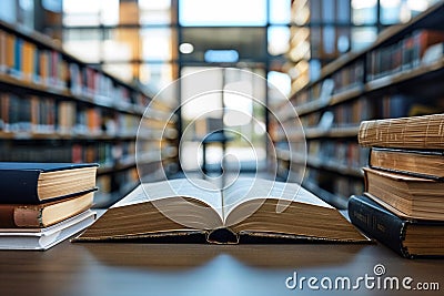 Open book on a table with stacks of books on the sides. Blurred modern library on a background Stock Photo
