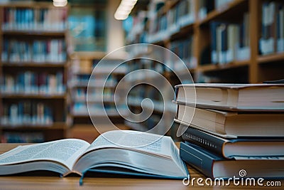 Open book on a table with stacks of books on the sides. Blurred modern library on a background Stock Photo