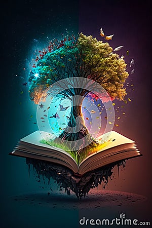 an open book with tree growing out of it. Generative AI Stock Photo