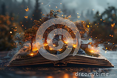 Open Book With Tree on Top Generative AI Stock Photo