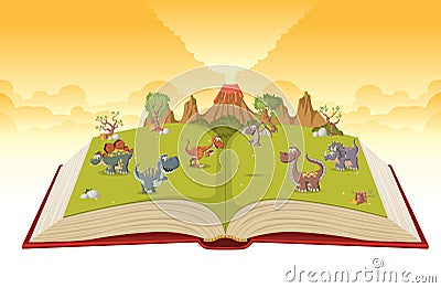 Open book with volcano and funny cartoon dinosaurs. Vector Illustration