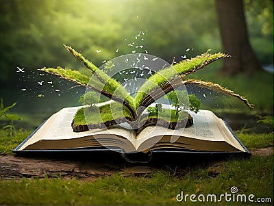 an open book with a waterfall , trees and butterflies coming out of it Stock Photo