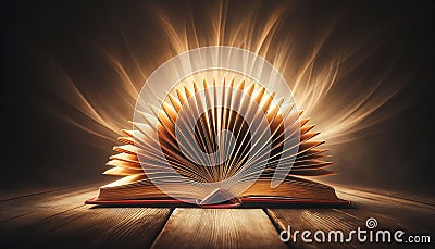 Open Book on Woon Table, Education, Knowledge, Reading, Learning, Study, Literature. Concept of Knowledge sharing Stock Photo