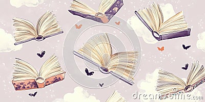 Open books floating with butterflies on a light background creating a whimsical pattern Stock Photo