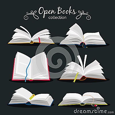 Open books. New open book set with bookmark between pages for encyclopedia and notebook, dictionary and textbook icons Vector Illustration
