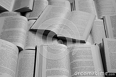 Open books top view black and white monochrome. Library and literature concept. Education and knowledge background. Editorial Stock Photo