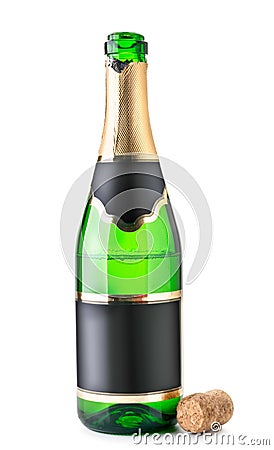 Open bottle of champagne is half empty with a cork on a white. Isolated Stock Photo