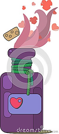 Open bottle of love potion. Label with heart and cork. The potion evaporates, hearts fly Vector Illustration