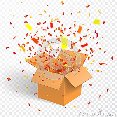 Open box with confetti, cardboard, vector container Vector Illustration