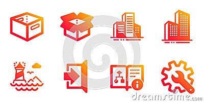 Open box, Lighthouse and Buildings icons set. Office box, Exit and Skyscraper buildings signs. Vector Vector Illustration