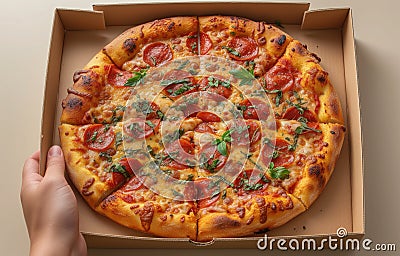 Open box with delicious pizza in hand Stock Photo