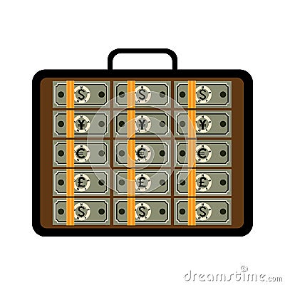 Open briefcase with bundles of different banknotes Vector Illustration