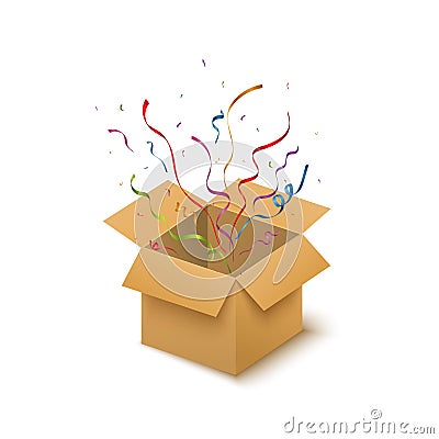 Open brown box. Vector illustration Confetti fly out of the box. Explosion confetti. Cartoon Illustration