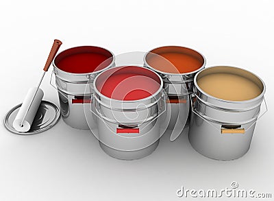 Open buckets with a paint and roller Cartoon Illustration