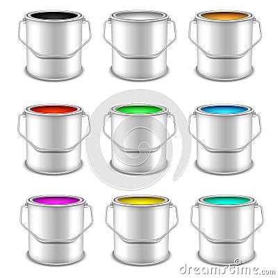 Open cans with building paint multicolored vector set. Front view. Vector Illustration
