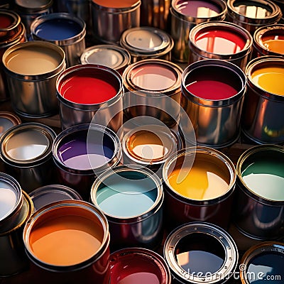 Open cans of paint in many colors, representing diversity and choice Stock Photo