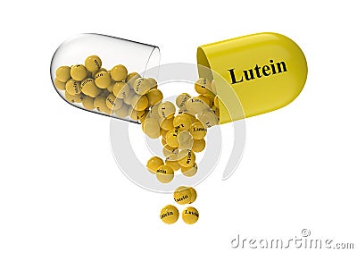 Open capsule with lutein from which the vitamin composition is pouring. 3D rendering illustration Cartoon Illustration