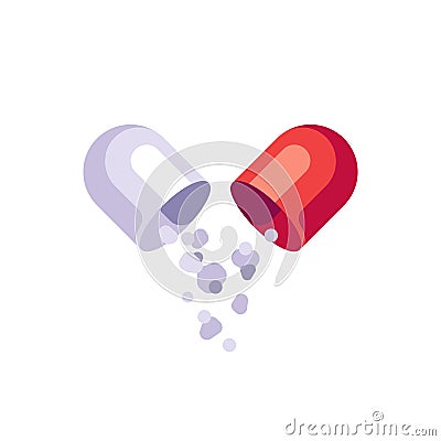 Open capsule with medicine particles. Red pill flat icon Vector Illustration