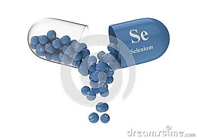 Open capsule with selenium from which the vitamin composition is pouring Cartoon Illustration