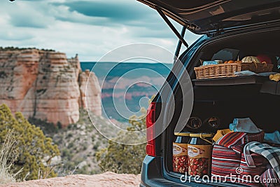 open car trunk filled with picnic items, cliff backdrop Stock Photo