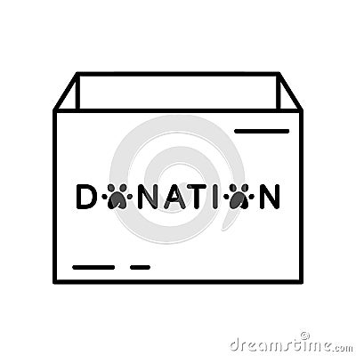 Open cardboard box or container with donation text. Charity for animals, pets, wildlife. Black line art icon or template for Vector Illustration