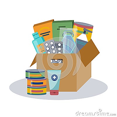 Open cardboard box with food supplies, medicines, sanitizer, face masks and etc. Humanitarian aid. Help for refugees. Vector Illustration