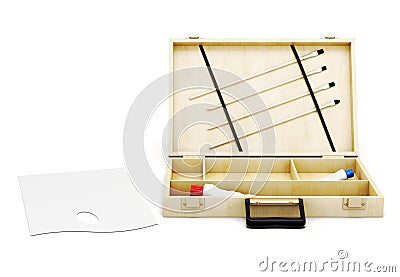 Open the case and painter's palette on white background. 3d rend Stock Photo
