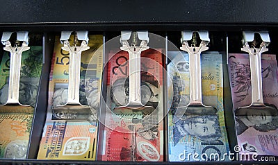 Open cash register with Australian currency: notes Stock Photo