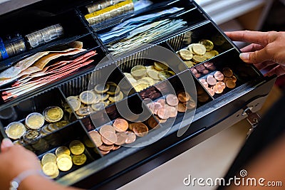 Open cash till containing Euros Stock Photo