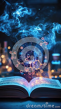 Open chemistry textbook with glowing vapors and floating structures in lab Generative AI Stock Photo