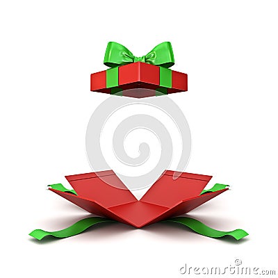 Open christmas gift box or red present box with green ribbon bow isolated on white background Stock Photo