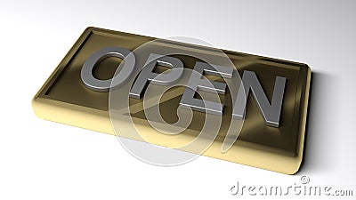 OPEN chrome write on brass metallic rectangular part - 3D rendering illustration Cartoon Illustration