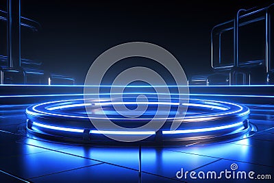 An open circular platform for product display, with a blue color scheme. Generative AI Stock Photo