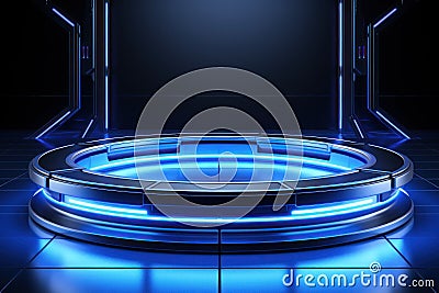 An open circular platform for product display, with a blue color scheme. Generative AI Stock Photo