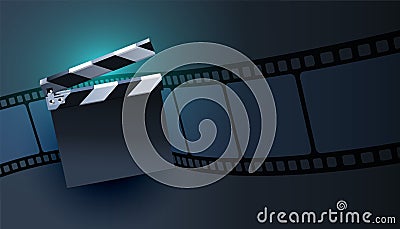 Open clapper board with film strip background design Vector Illustration