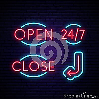 Open, Close, 24/7 and Arrow neon signs. Vector Illustration